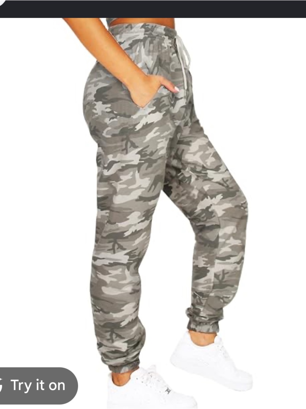 Camo jogger pants - gray/green/white stretch pull on style w/drawstring waist